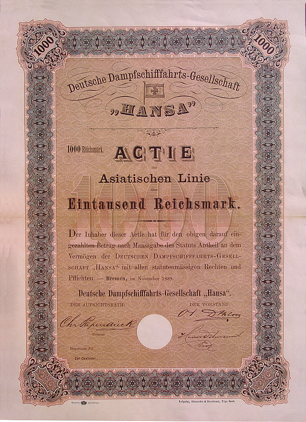 Blankette 1000 Reichsmark 1889