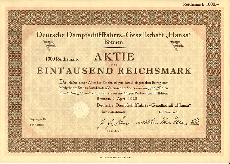 Blankette 1000 Reichsmark 1928