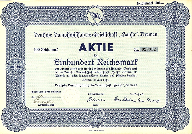 Aktie 100 Reichsmark 1933