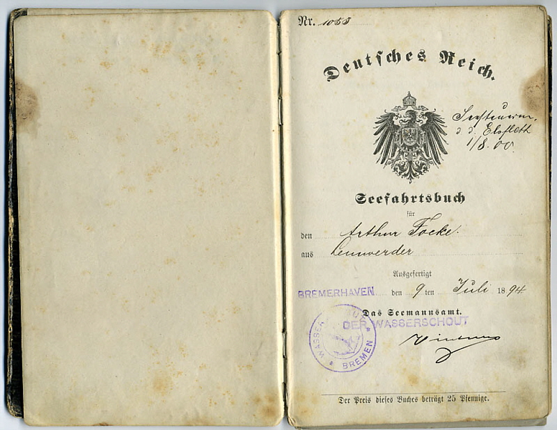 Arthur Focke Erstes Seefahrtsbuch