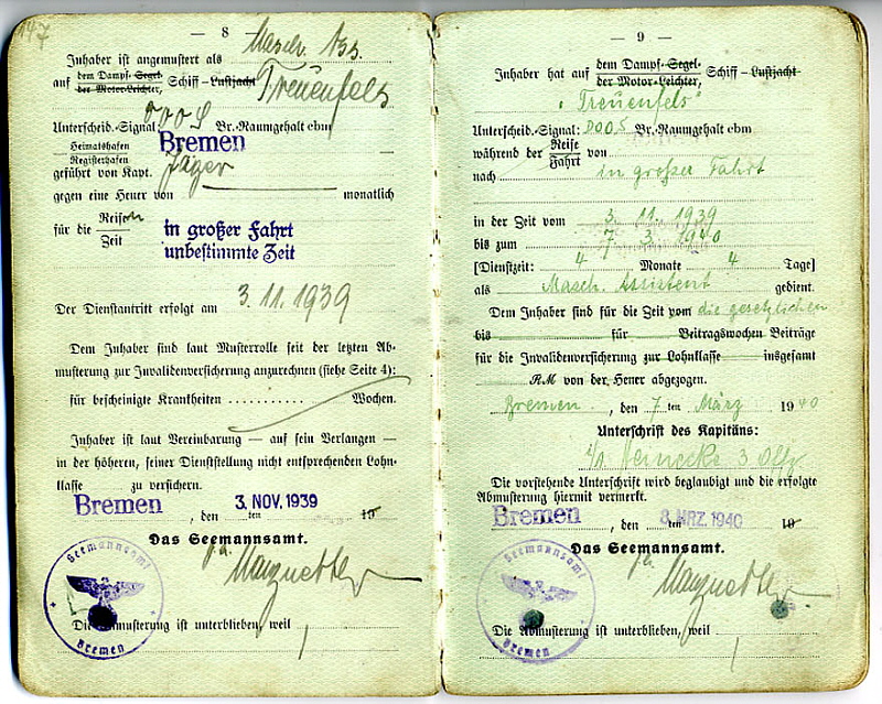Seefahrtsbuch Fritz Bohlken - TREUENFELS (2)