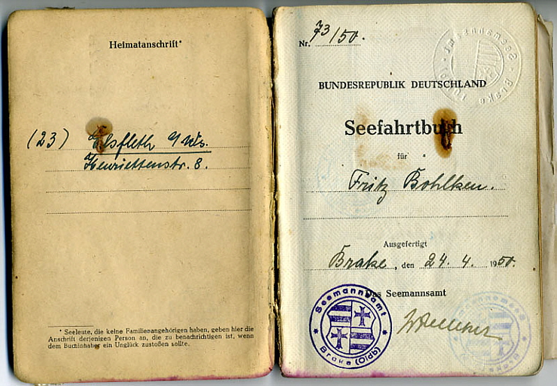 Seefahrtsbuch Fritz Bohlken