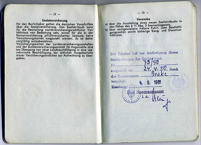 Seefahrtsbuch Fritz Bohlken