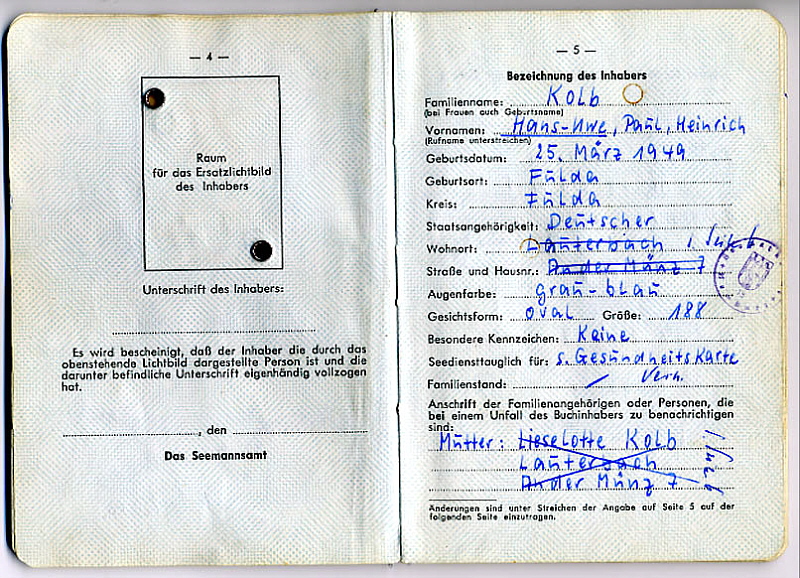 Seefahrtsbuch Hans-Uwe Kolb