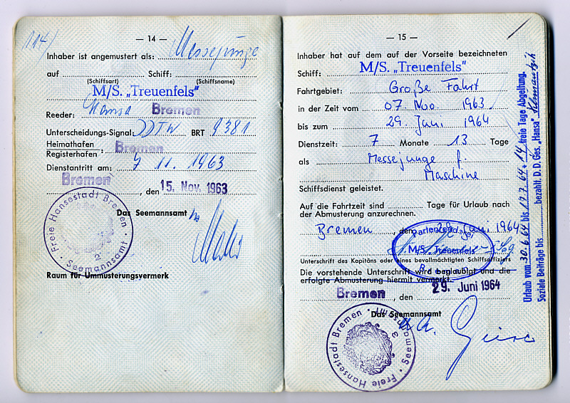Seefahrtsbuch Hans Wissing