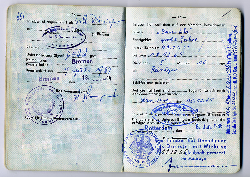 Seefahrtsbuch Hans Wissing