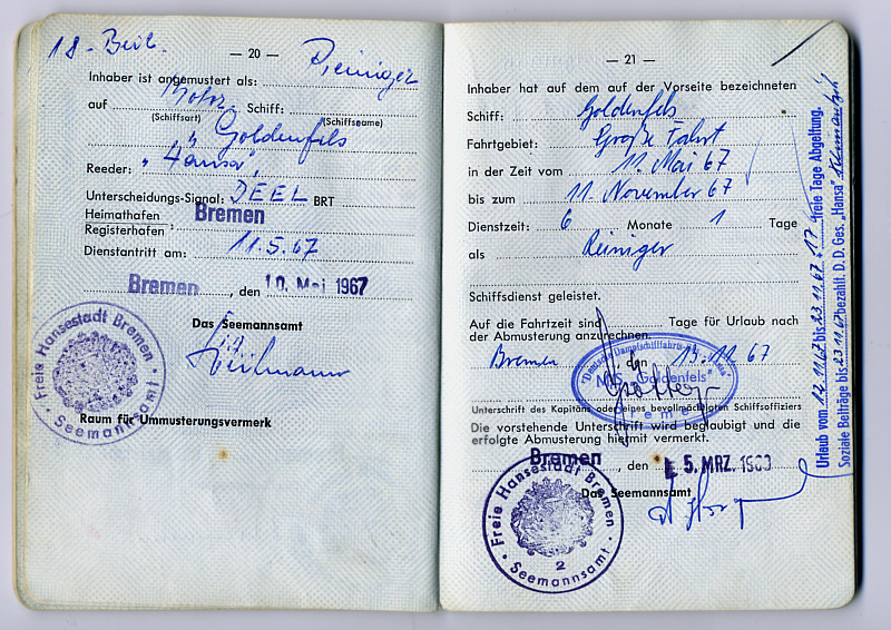 Seefahrtsbuch Hans Wissing