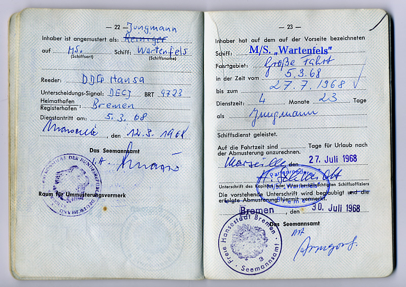 Seefahrtsbuch Hans Wissing