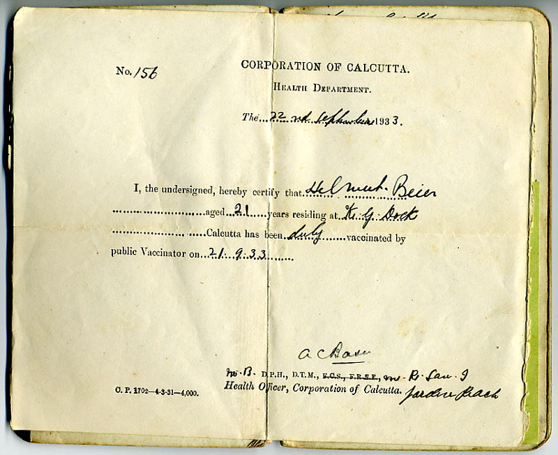 Seefahrtsbuch Hellmut Beier - Gesundsheitsamt Calcutta