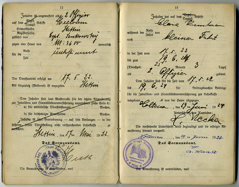 Seefahrtsbuch Johann Jahn - HEESUM sp. CLARA KUNSTMANN