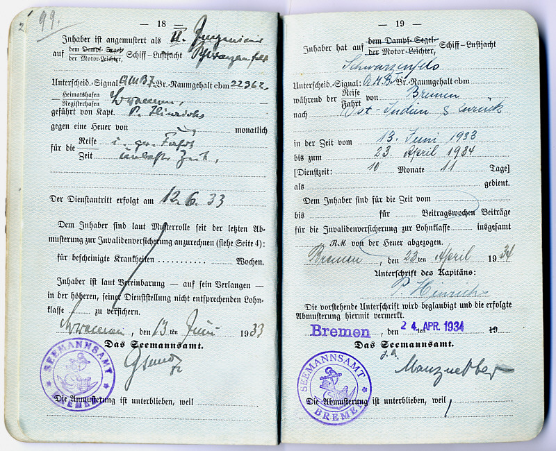 Seefahrtsbuch Johann Schwarze