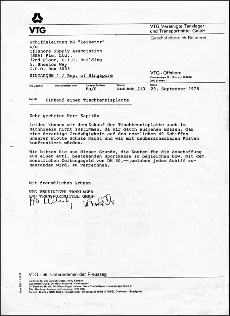 Brief der VTG an LEINETOR